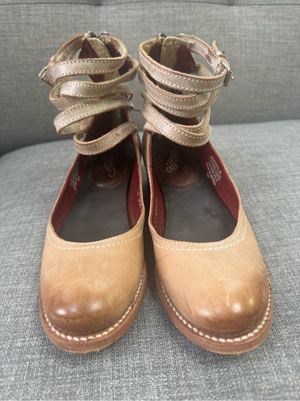 freebird Tan Leather Multi-Strap Ankle Wrap Mules
